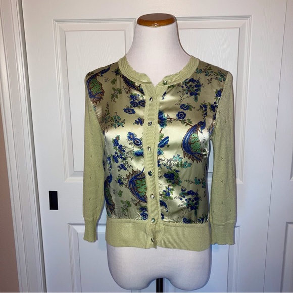 Nanette Lepore 100% Silk Blouse and Cardigan Set Light Green Peacocks 4 S Rare - Picture 3 of 12
